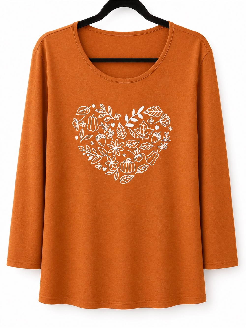 Burnt Orange Fall Heart Graphic Long-Sleeve Top – Size Large